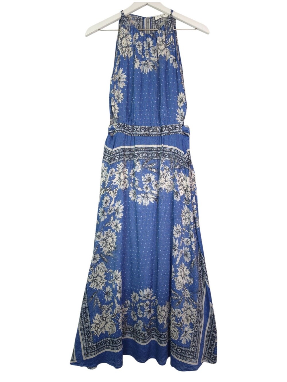 Sandro Paris Blue Floral Halter Midi Dress Linen Silk Blend Sz 6 Boho